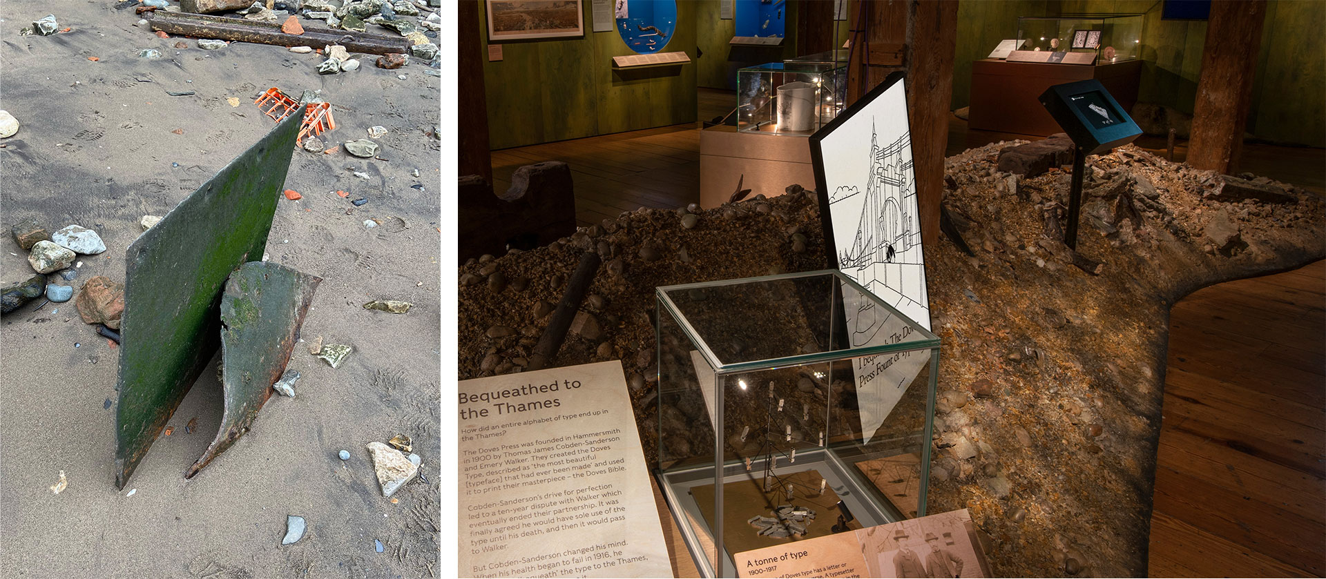 A photo of a rectangular sheet of metal embedded in the Thames foreshore with a photo of an LCD screen embedded in the set works of the exhibition to show the inspiration for this design