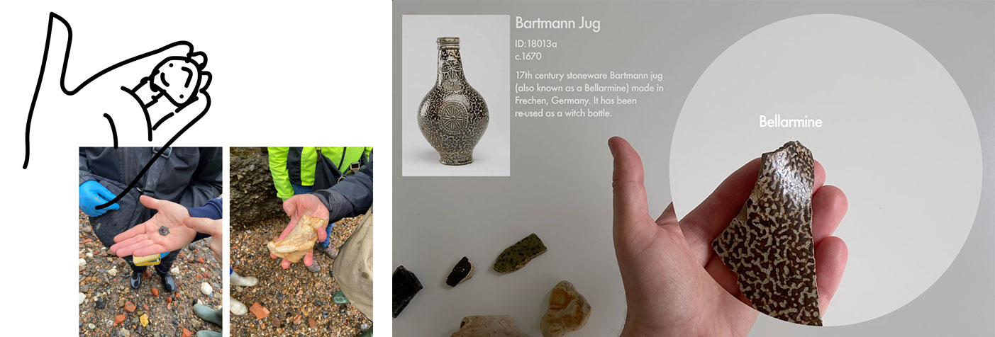 A sketch of an object in someone's hand. 2 small photos of someone on the Thames foreshore holding mudlarking finds. An image of an early idea to create an experience that visually identifies mudlarking finds using image recognition