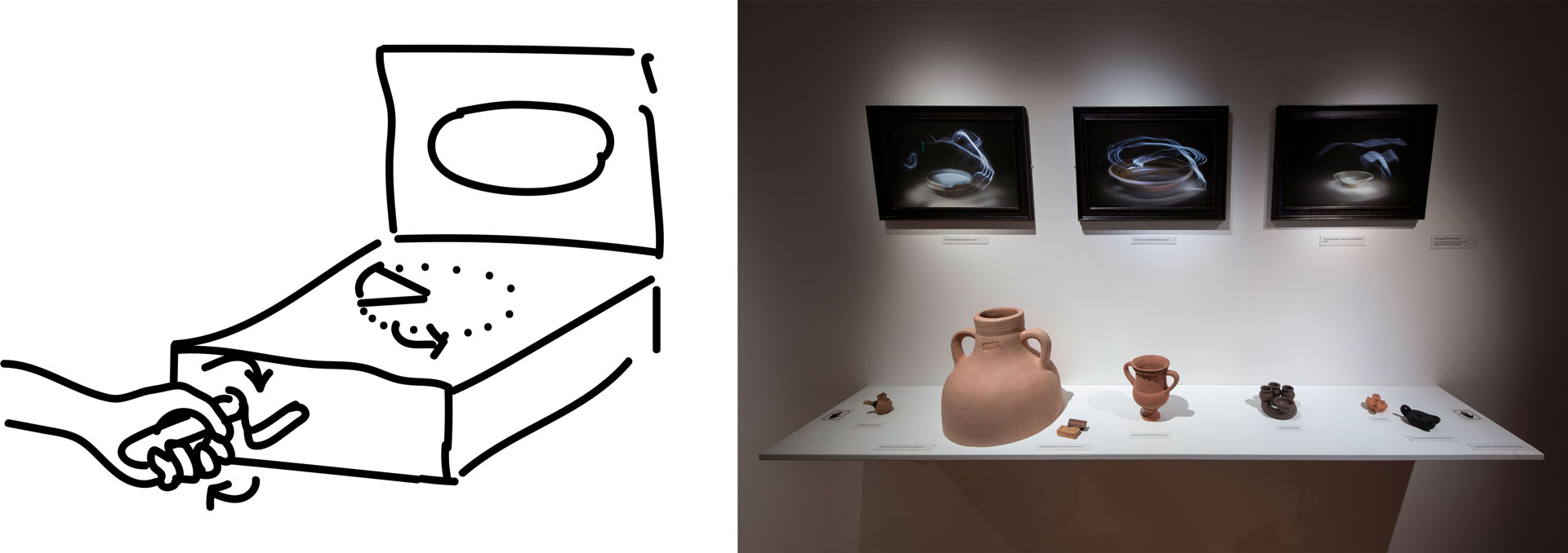 A sketch of the turntable concept alongside a photo of the exhibition. The photo shows Mark Sowden's long exposure photographs, rotating a pottery sherd to reveal its complete form.