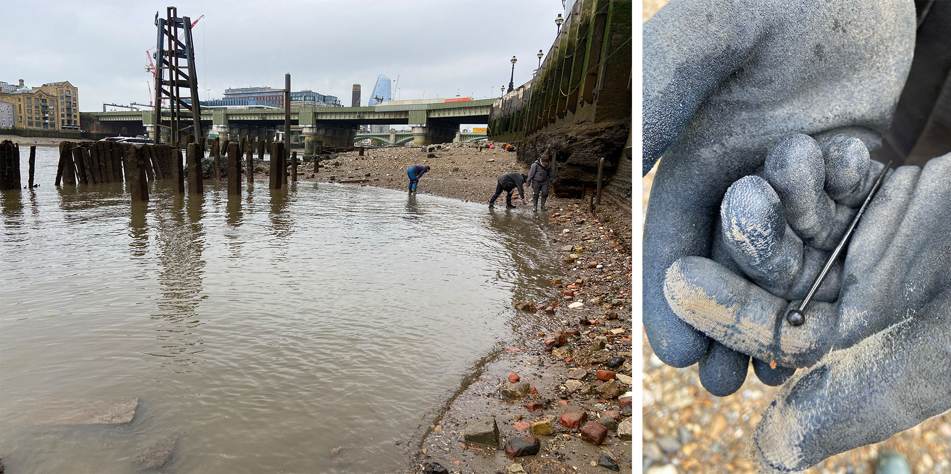 A photograph of mudlarks looking for finds at the Roman Hole on the Thames Foreshore on an overcast morning. A photo of a gloved hand finding a large hat pin found on the foreshore