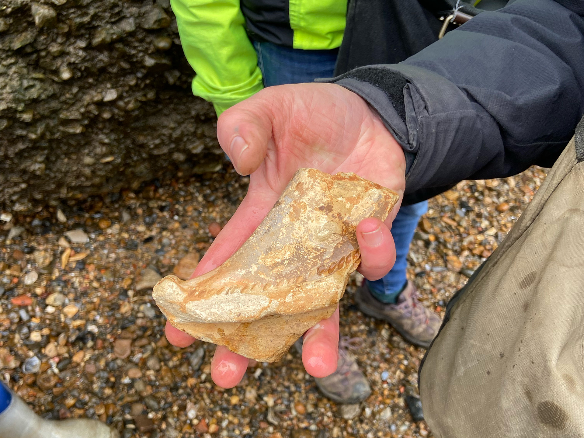 A photo of a hand holding a large chunk of yellow beige pottery found on the foreshore of the River Thames