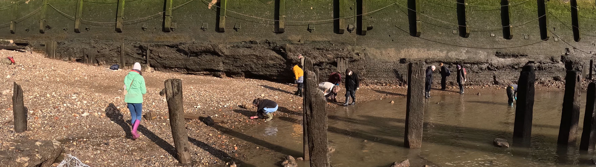 A photo of mudlarks on the foreshore of the Thames at the area near London Bridge known as the Roman Hole