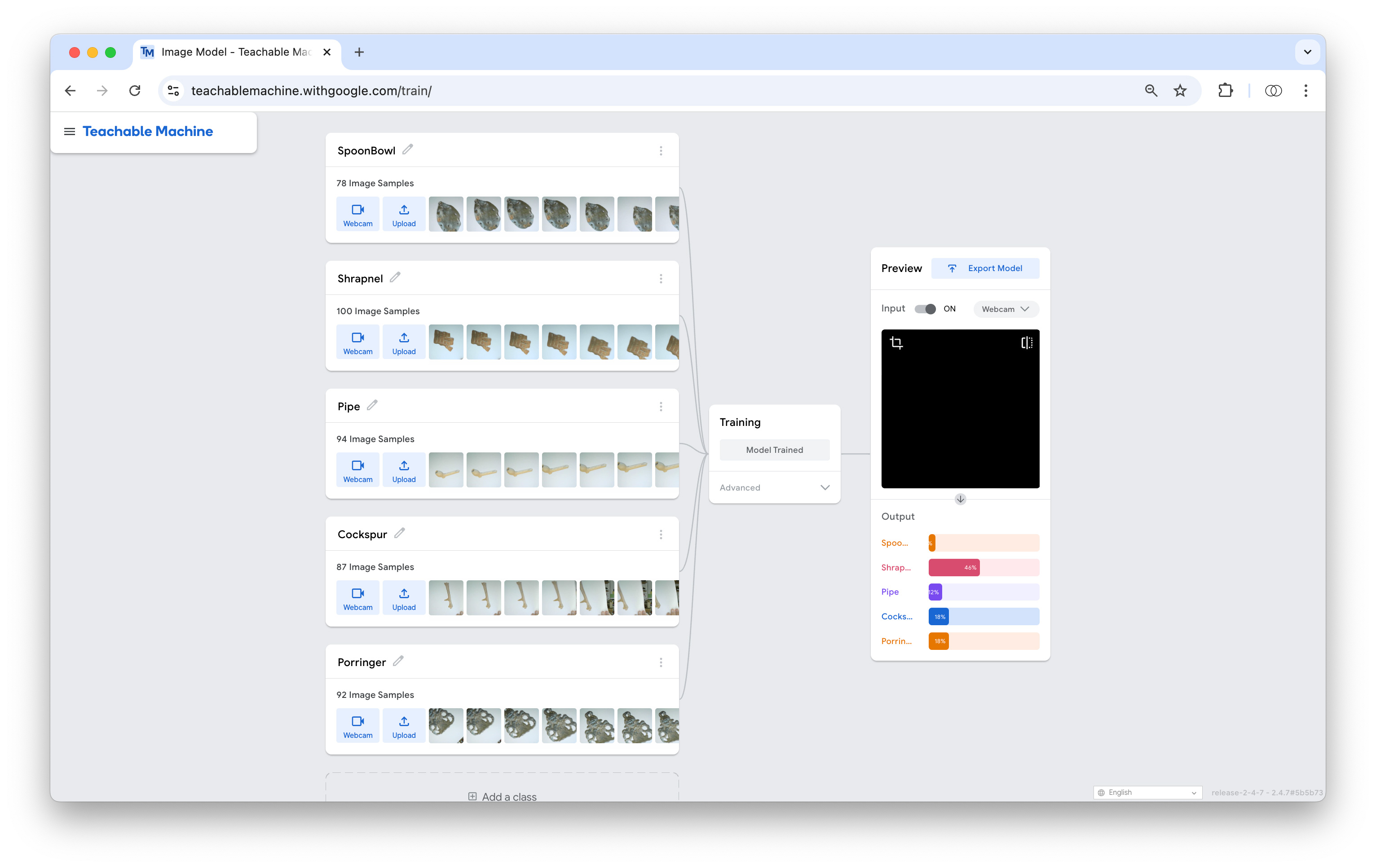 A screengrab showing collections of photos grouped by object connected to a machine learning training model.